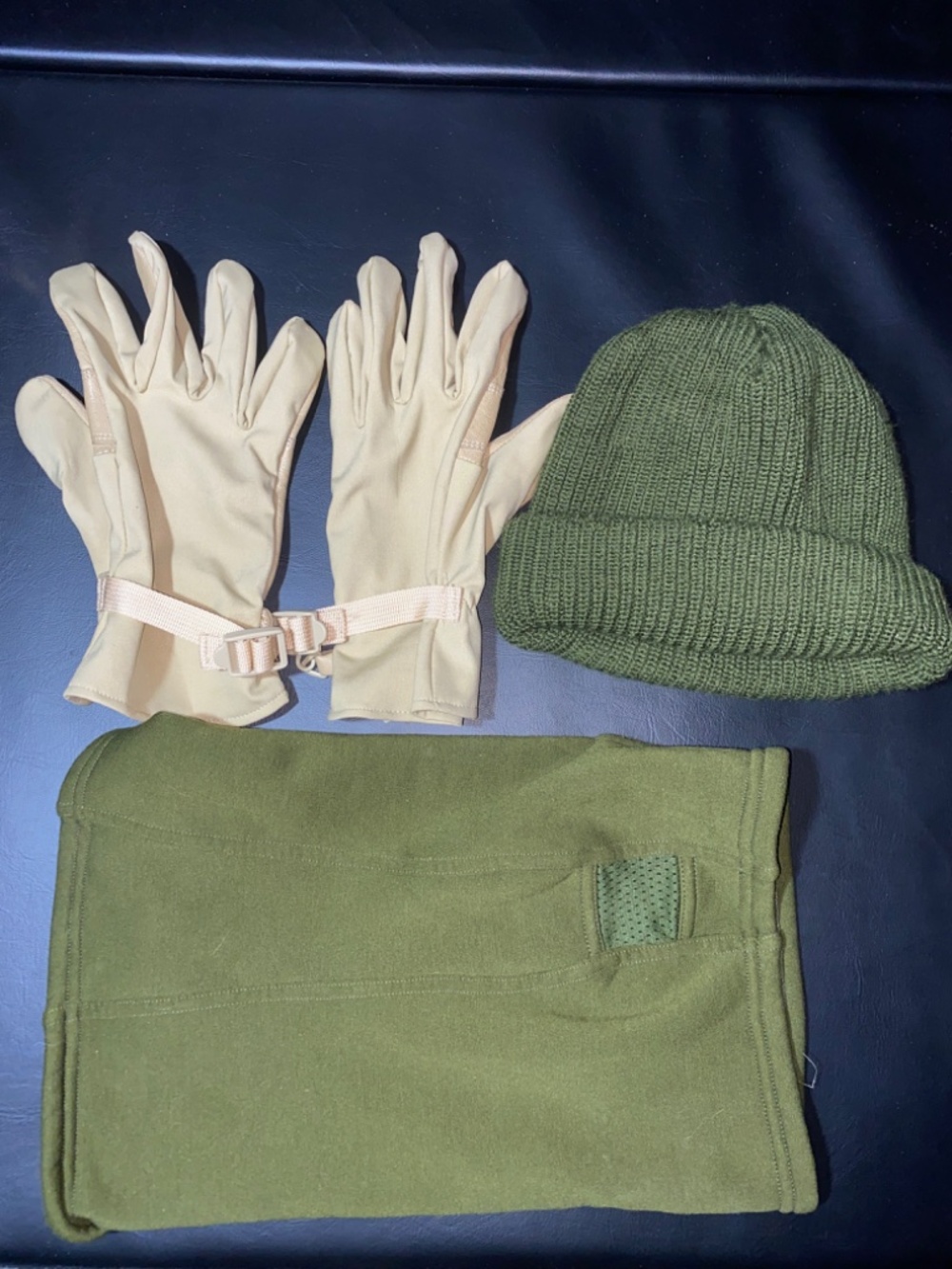 Size Medium Tan Leather Gloves with Green Hat and Neck warmer Cold Weather Combo